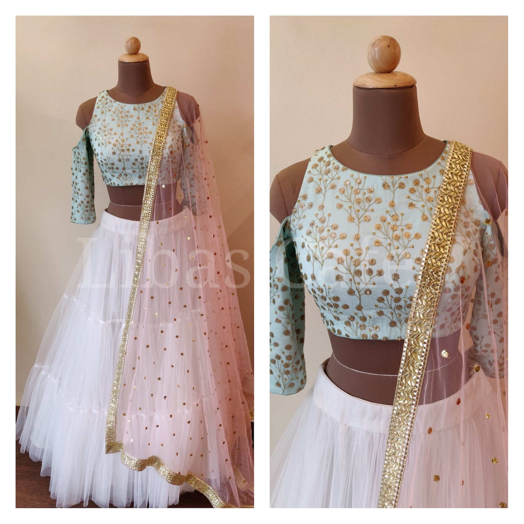 Pastel Blue Embroidered Blouse With White Plain Lehenga